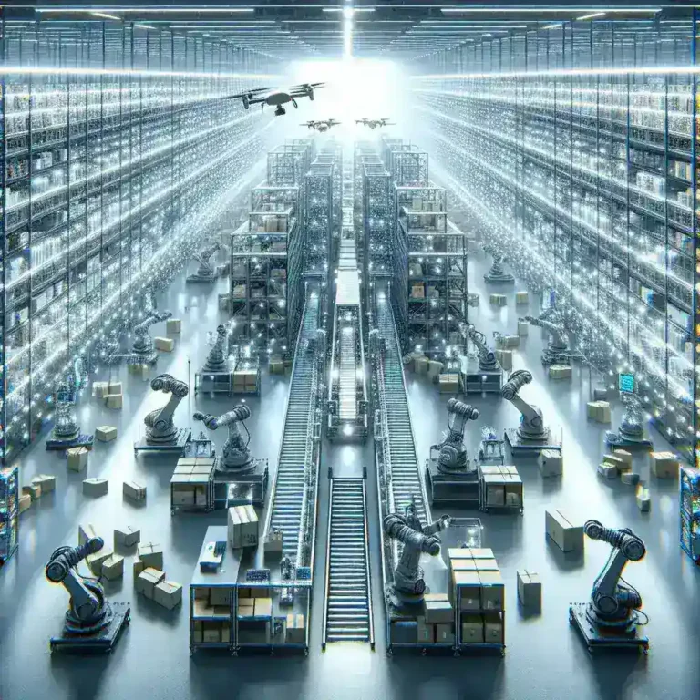 "Robótica e automação na logística: imagem ilustrativa de um armazém moderno com robôs e sistemas automatizados operando para maximizar eficiência e reduzir custos operacionais."
