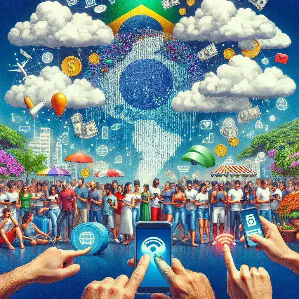 "Ilustração do crescimento do mercado de pagamentos digitais no Brasil, destacando a inclusão financeira através de smartphones e transações online."