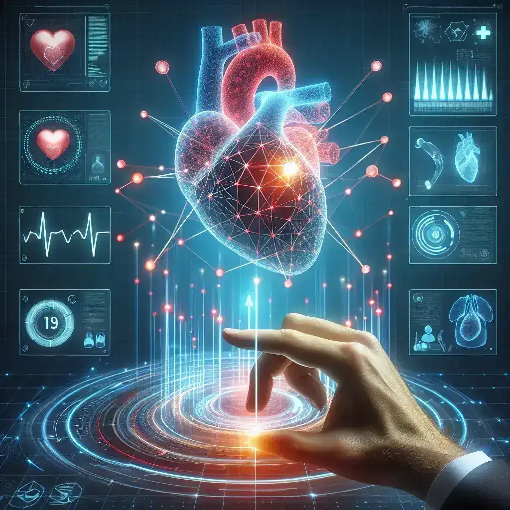 "Imagem de um médico analisando dados de inteligência artificial em um monitor, destacando a aplicação de tecnologia para o diagnóstico precoce de doenças cardíacas na cardiologia moderna."
